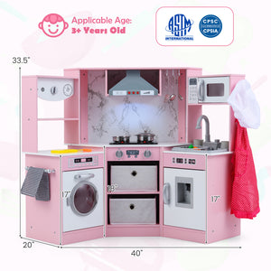 Wooden Kids Play Kitchen Playset with Realistic Lights and Sounds-Pink