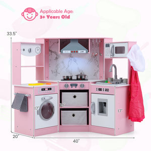 Wooden Kids Play Kitchen Playset with Realistic Lights and Sounds-Pink