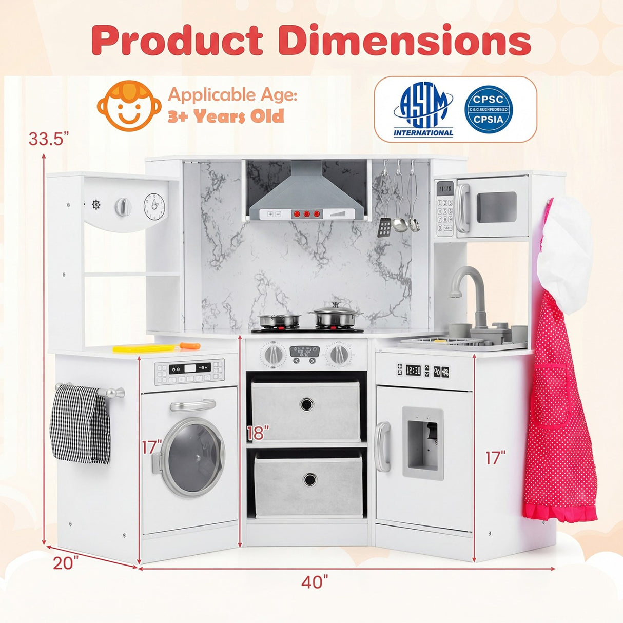 Wooden Kids Play Kitchen Playset with Realistic Lights and Sounds-White