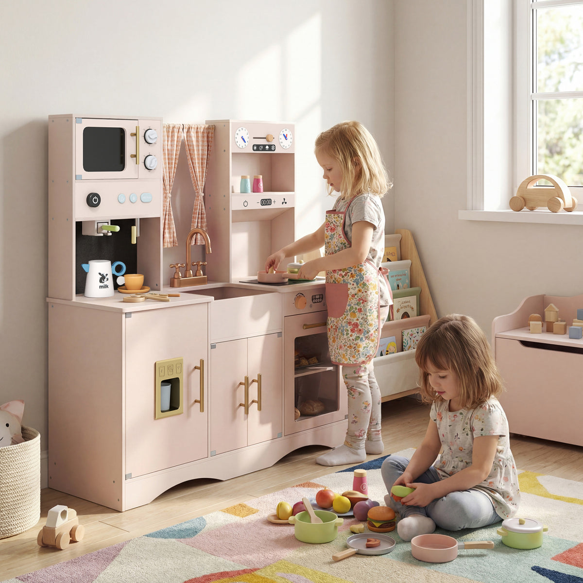 Wooden Kids Pretend Play Toy Kitchen with Microwave and Coffee Maker for Boys & Girls Ages 3+-Pink