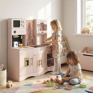 Wooden Kids Pretend Play Toy Kitchen with Microwave and Coffee Maker for Boys & Girls Ages 3+-Pink