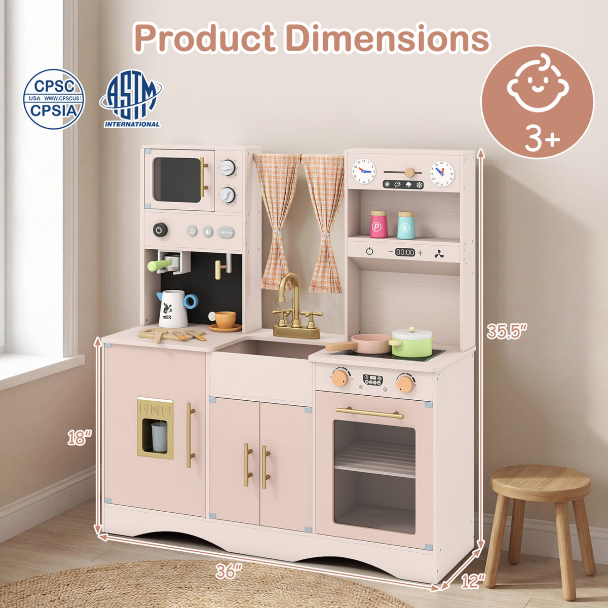 Wooden Kids Pretend Play Toy Kitchen with Microwave and Coffee Maker for Boys & Girls Ages 3+-Pink