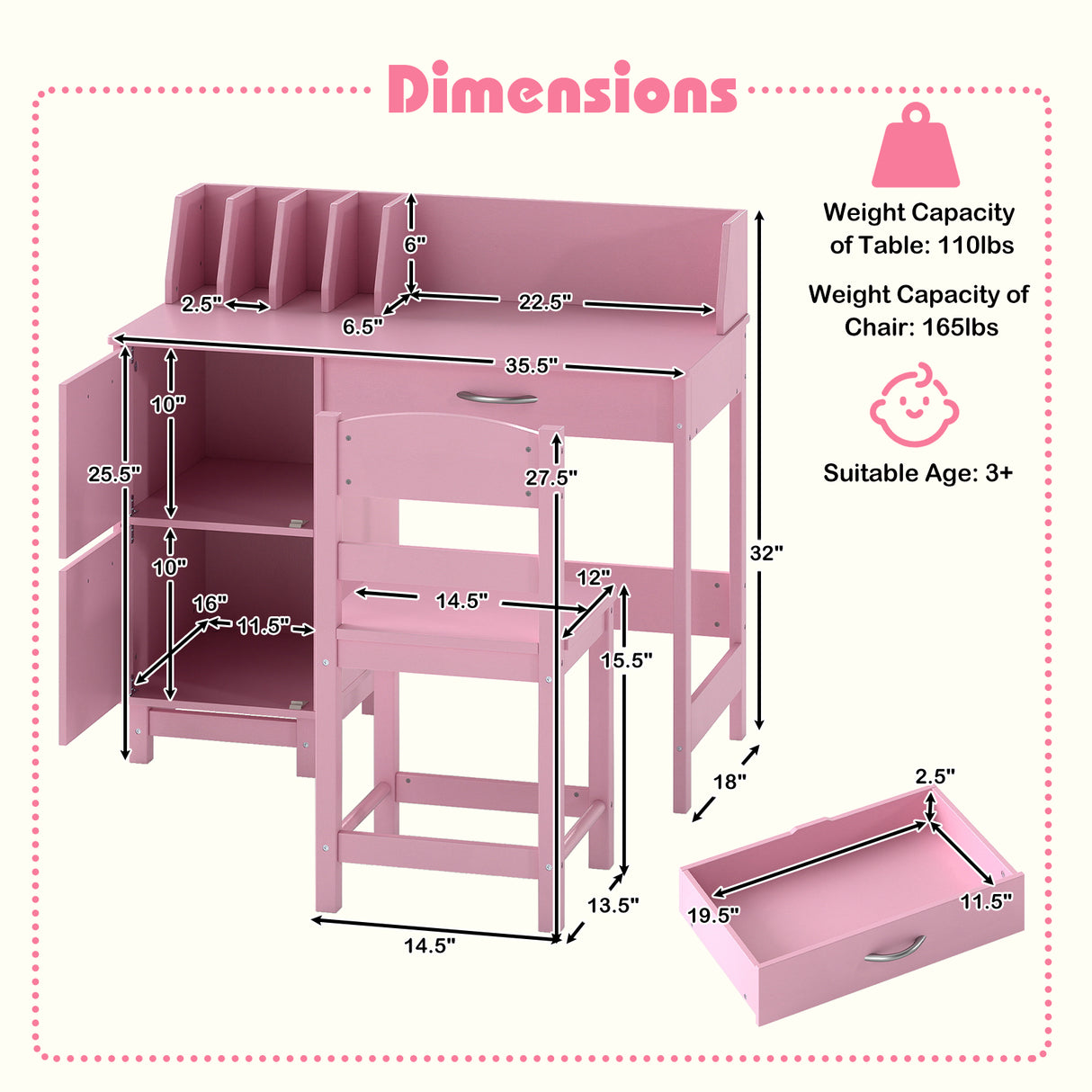 Wooden Kids Study Desk and Chair Set Student Workstation-Pink