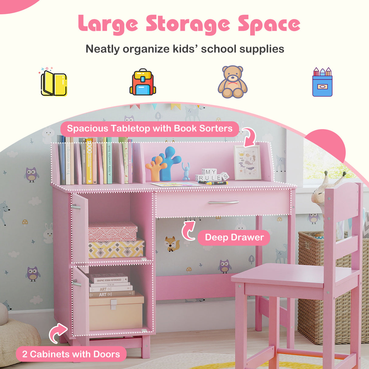 Wooden Kids Study Desk and Chair Set Student Workstation-Pink