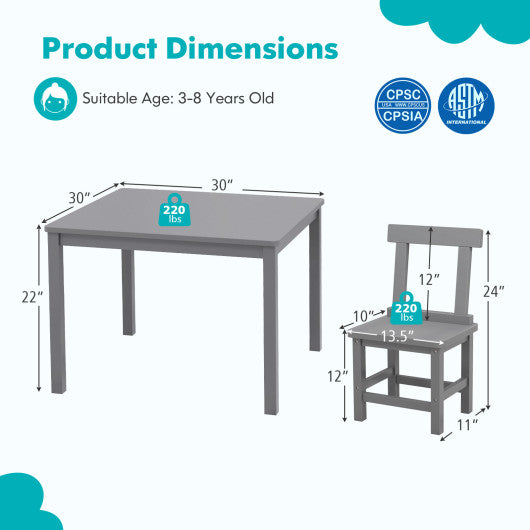 Wooden Kids Table and 2 Chairs Set with Anti-slip Foot Pads-Gray