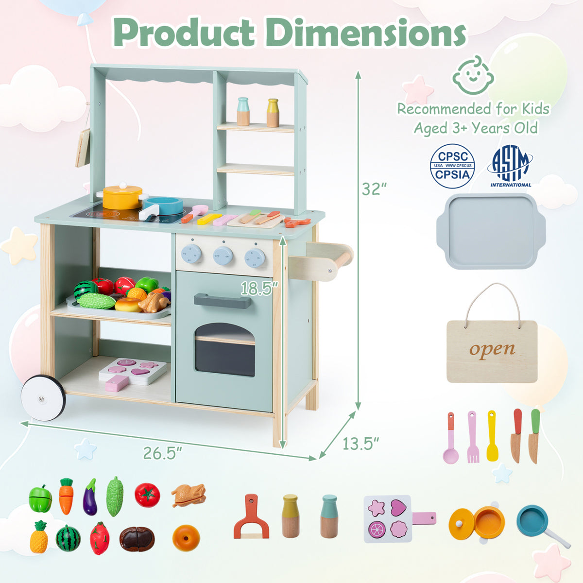 Wooden Kitchen Playset with Cookware Accessories for Kids