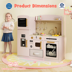 Wooden Kids Kitchen Playset with Chalkboard Ice Maker Sink Lighted Microwave-Pink