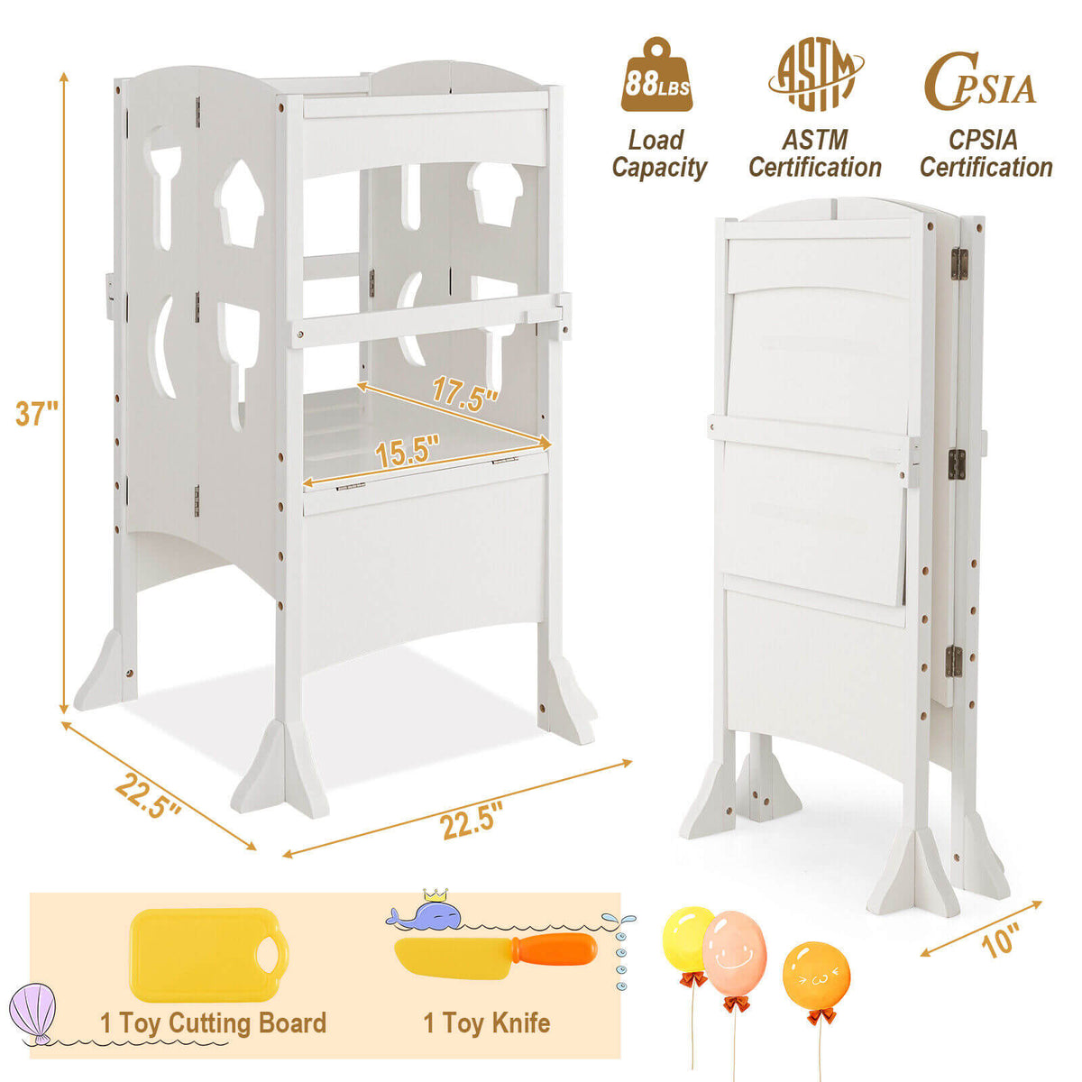 Folding Wooden Step Stool with Lockable Safety Rail for Toddler 3+-White