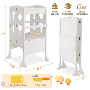 Folding Wooden Step Stool with Lockable Safety Rail for Toddler 3+-White
