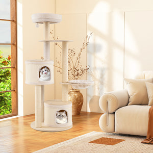 Wooden Kitten Tower with Sisal Scratching Posts and 2 Condos-Natural