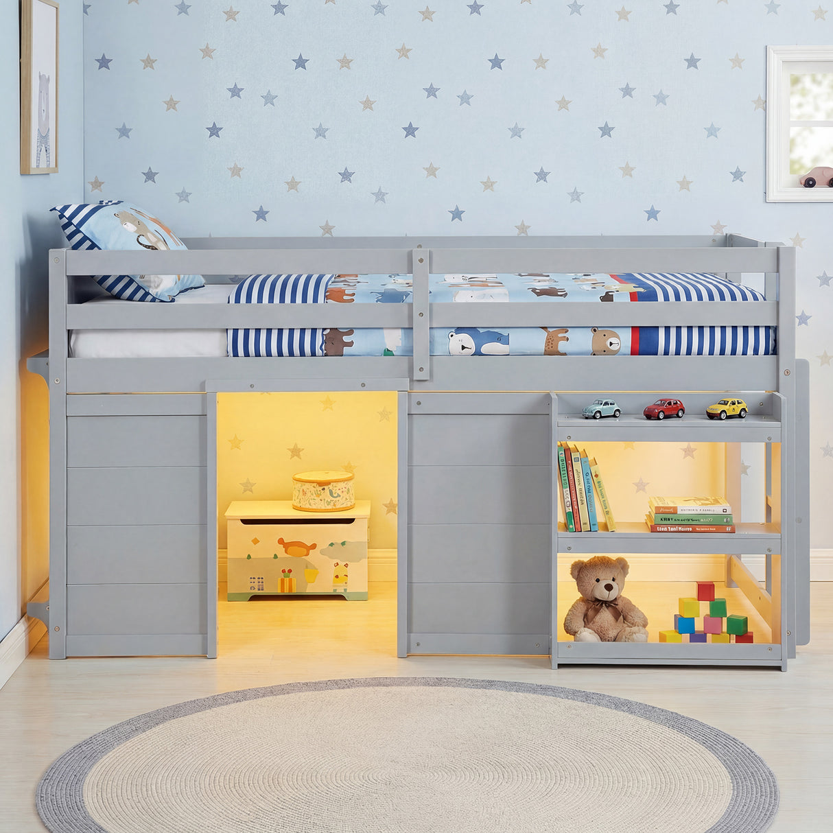 Wooden Low Kids Loft Bed with  LED Lights and 2 Doors-Gray