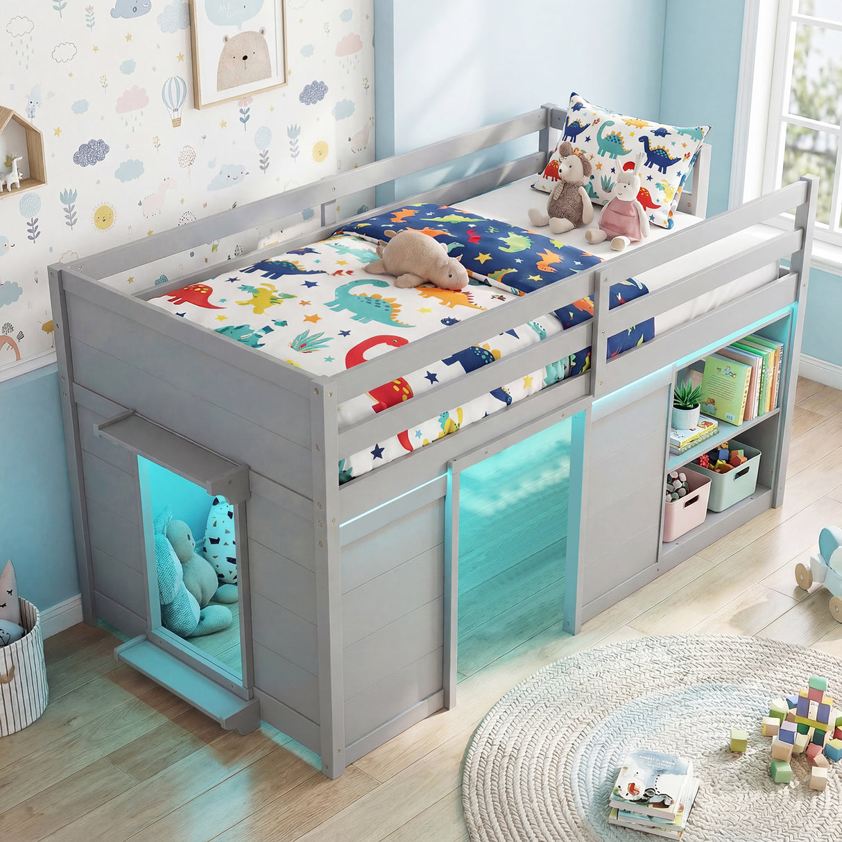Wooden Low Kids Loft Bed with  LED Lights and 2 Doors-Gray