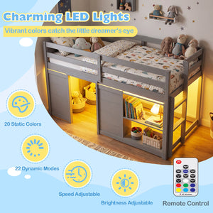 Wooden Low Kids Loft Bed with  LED Lights and 2 Doors-Gray