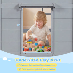 Wooden Low Kids Loft Bed with  LED Lights and 2 Doors-Gray