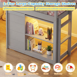 Wooden Low Kids Loft Bed with  LED Lights and 2 Doors-Gray