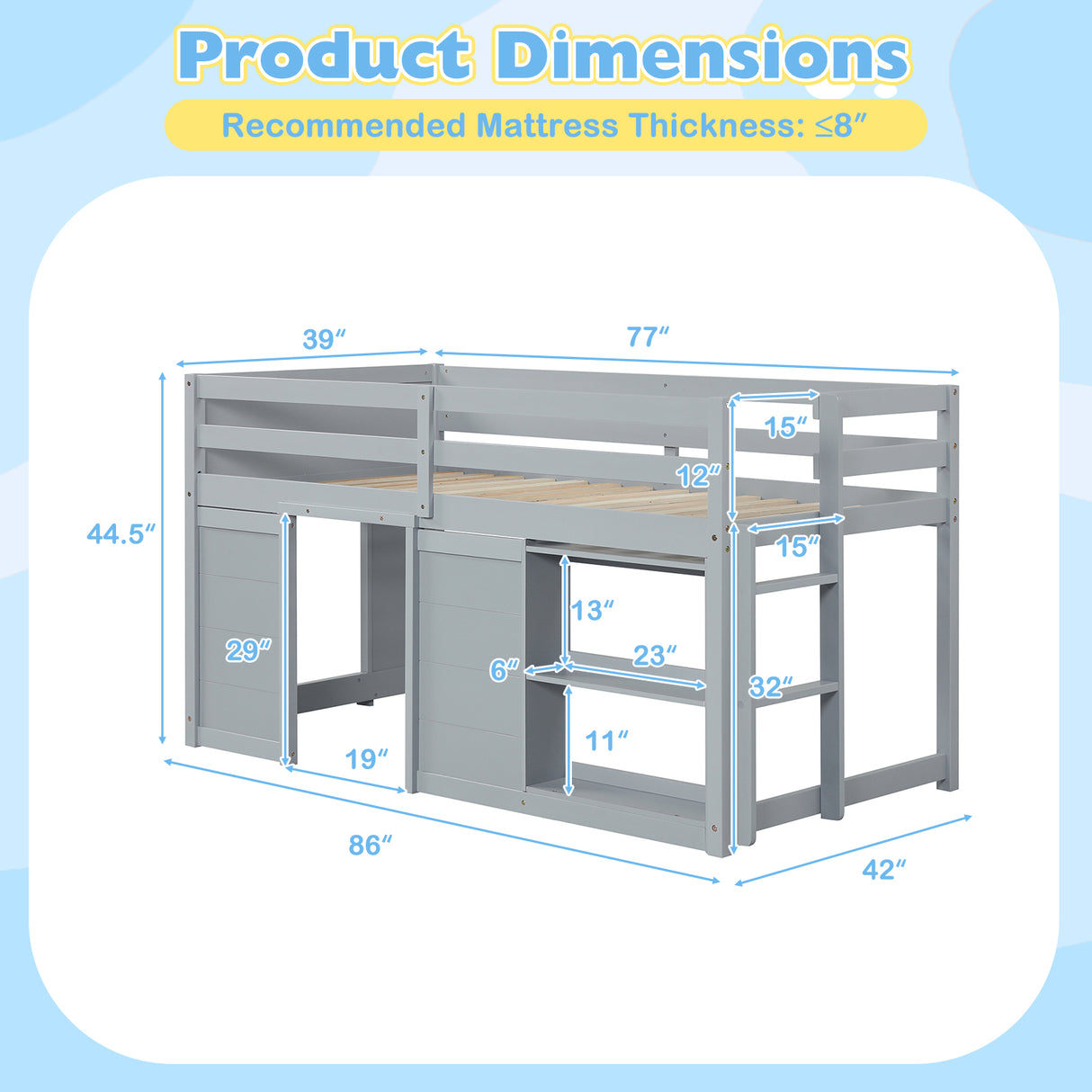 Wooden Low Kids Loft Bed with  LED Lights and 2 Doors-Gray