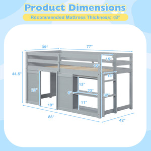 Wooden Low Kids Loft Bed with  LED Lights and 2 Doors-Gray