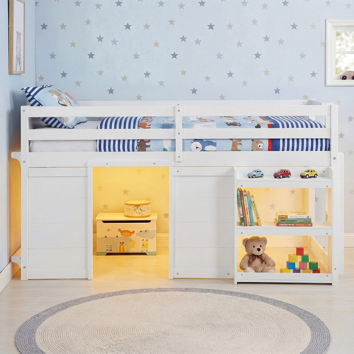 Wooden Low Kids Loft Bed with  LED Lights and 2 Doors-White