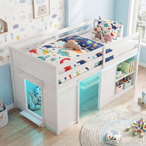 Wooden Low Kids Loft Bed with  LED Lights and 2 Doors-White