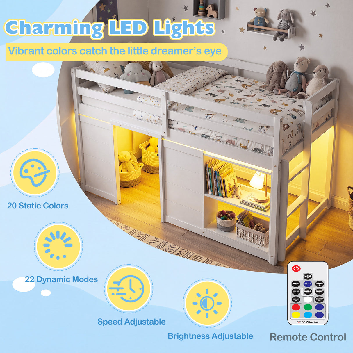 Wooden Low Kids Loft Bed with  LED Lights and 2 Doors-White
