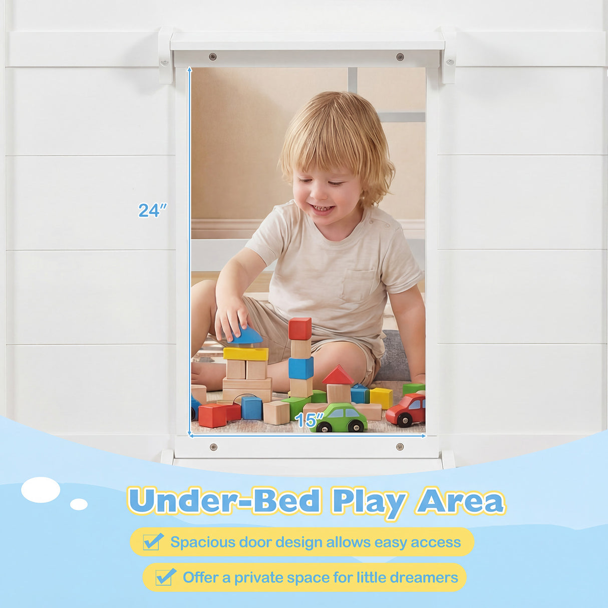 Wooden Low Kids Loft Bed with  LED Lights and 2 Doors-White