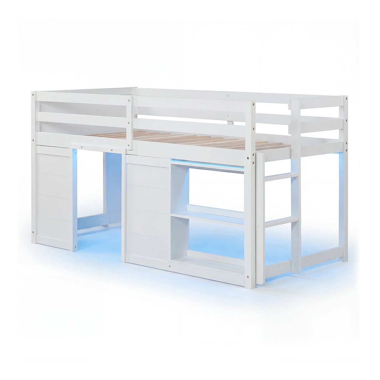 Wooden Low Kids Loft Bed with  LED Lights and 2 Doors-White