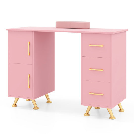 Wooden Manicure Table Nail Desk with Drawers Wrist Rest-Pink