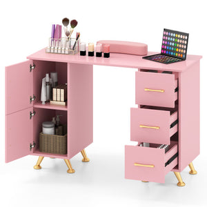 Wooden Manicure Table Nail Desk with Drawers Wrist Rest-Pink