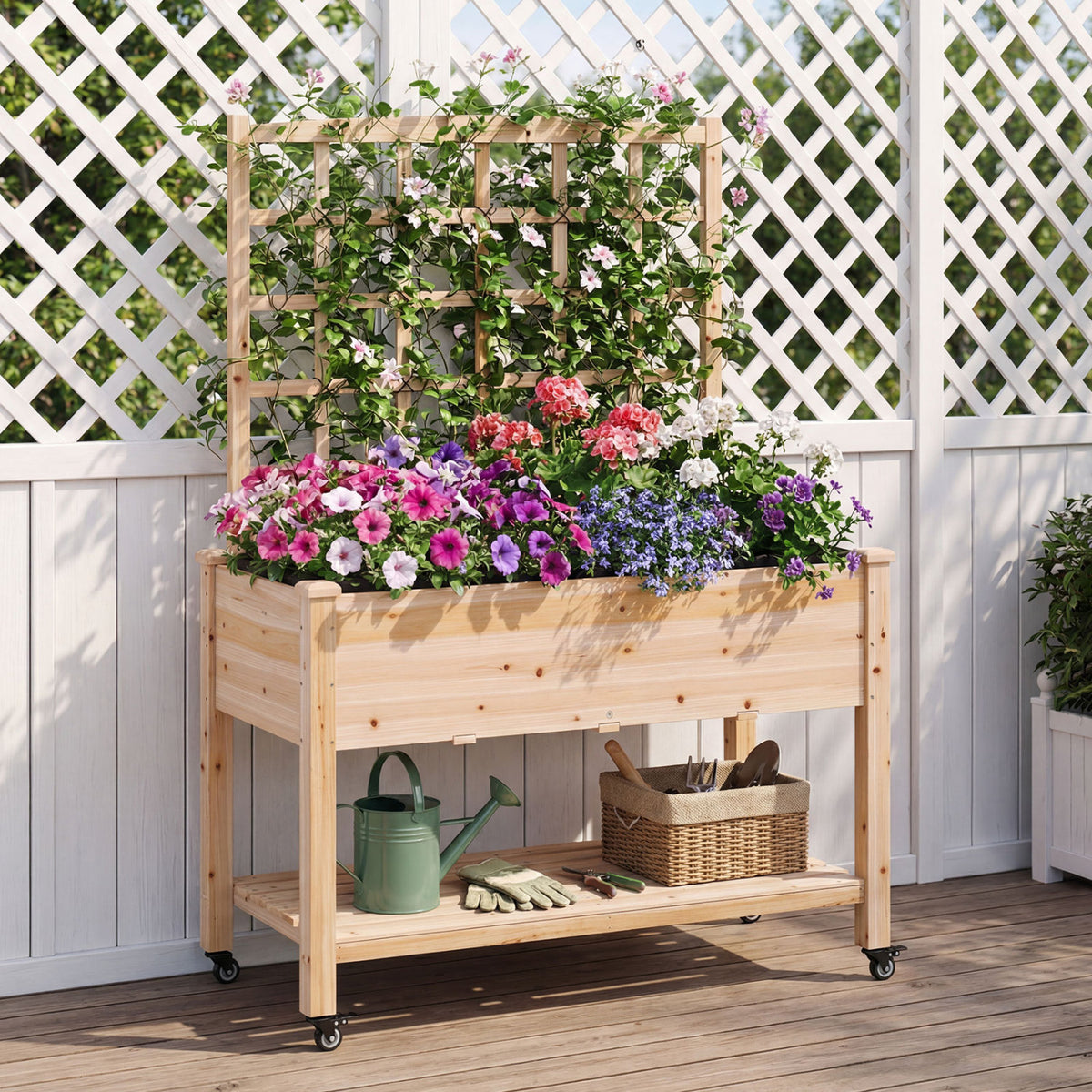 Wooden Mobile Raised Garden Bed on Wheels with Trellis-Natural