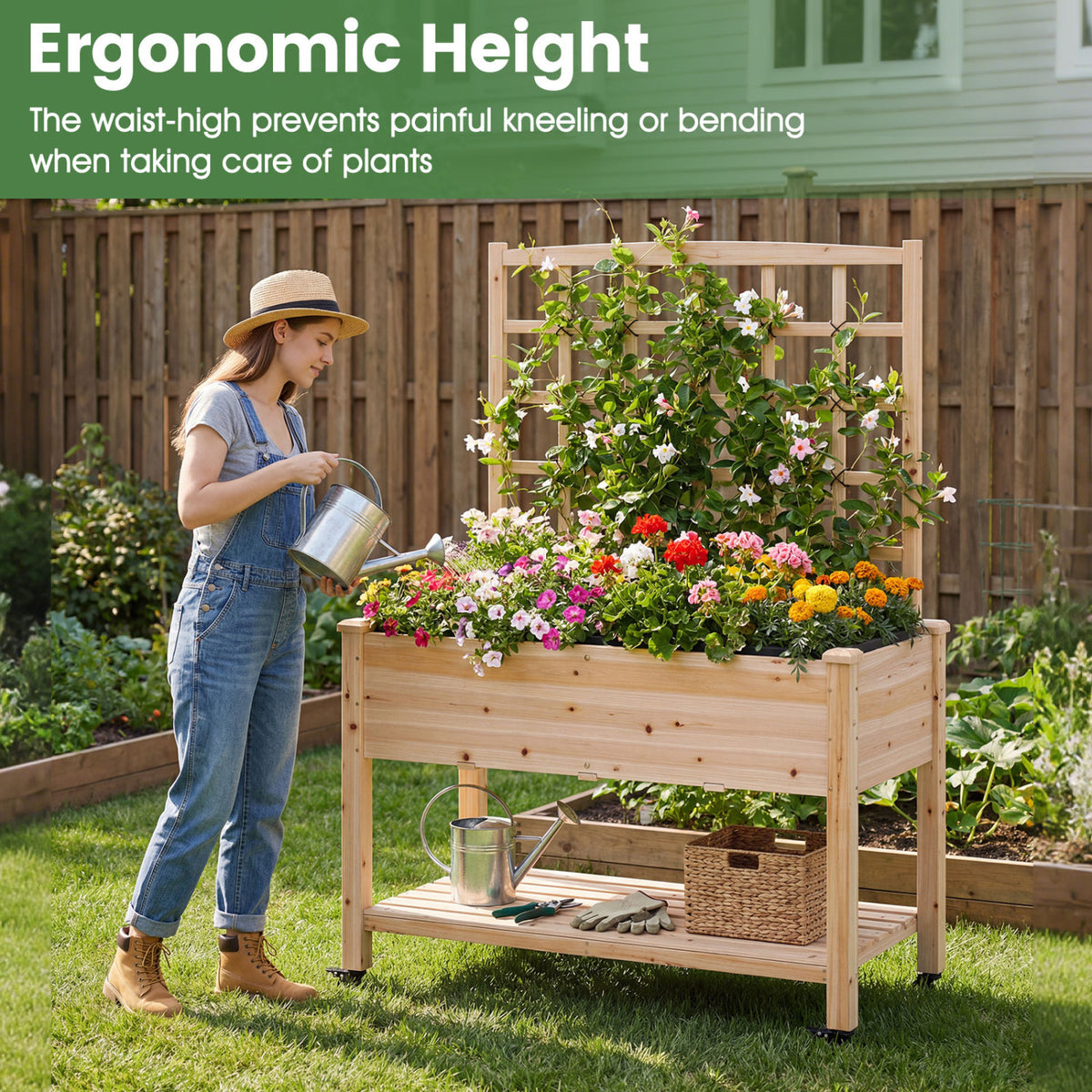 Wooden Mobile Raised Garden Bed on Wheels with Trellis-Natural