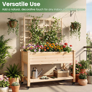 Wooden Mobile Raised Garden Bed on Wheels with Trellis-Natural