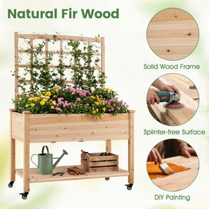 Wooden Mobile Raised Garden Bed on Wheels with Trellis-Natural