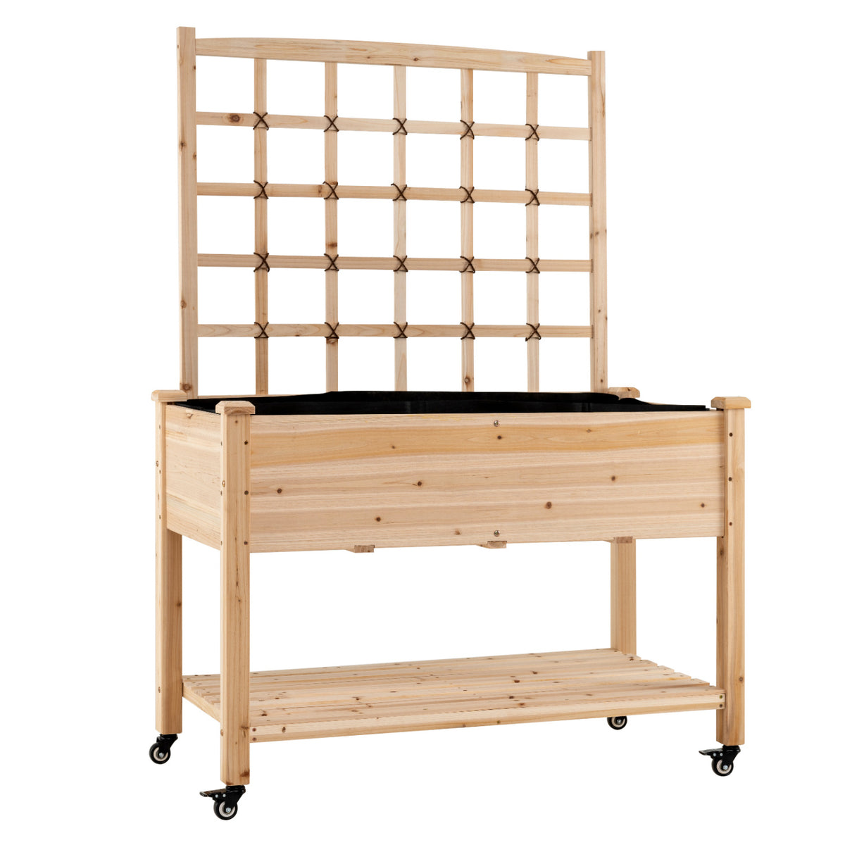 Wooden Mobile Raised Garden Bed on Wheels with Trellis-Natural
