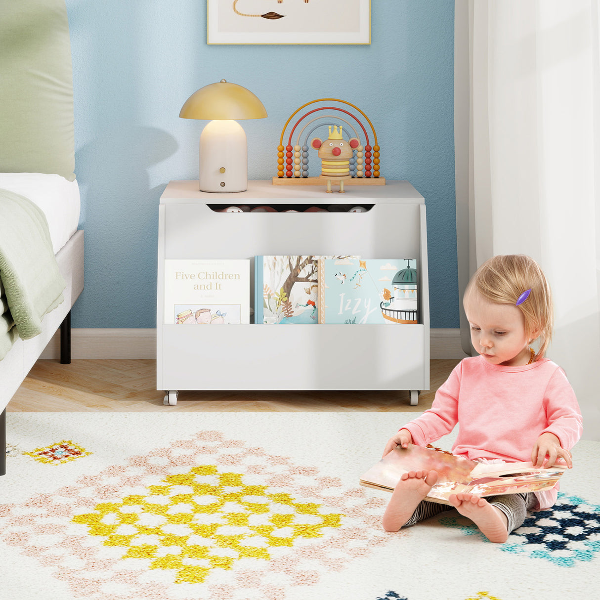 Wooden Mobile Toy Storage Organizer with Bookshelf and Lockable Wheels-White