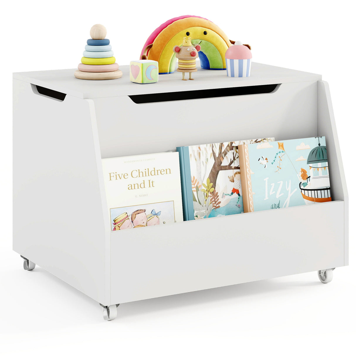 Wooden Mobile Toy Storage Organizer with Bookshelf and Lockable Wheels-White