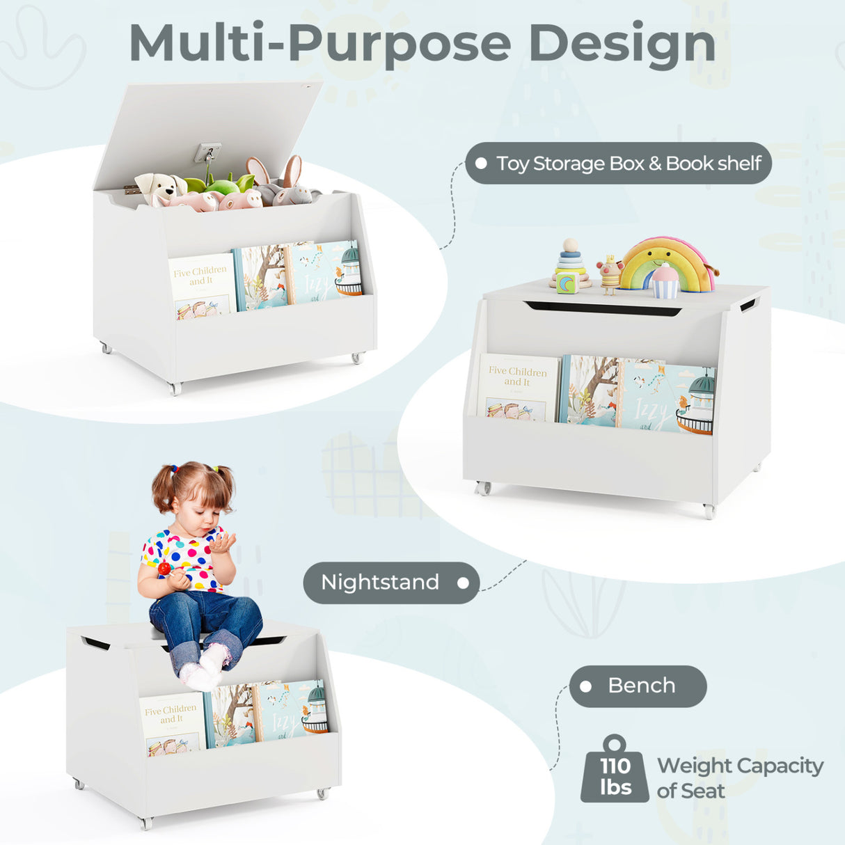 Wooden Mobile Toy Storage Organizer with Bookshelf and Lockable Wheels-White