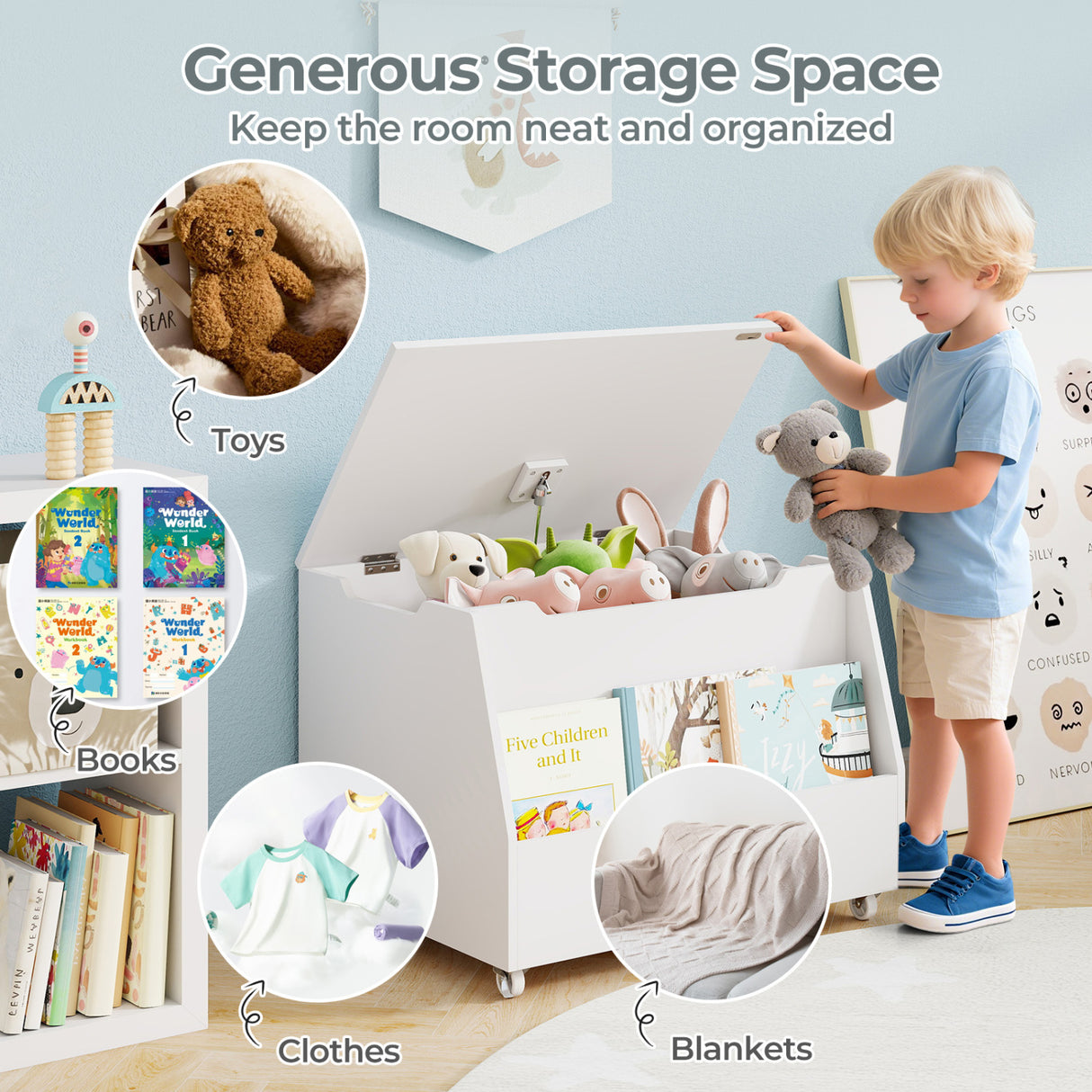 Wooden Mobile Toy Storage Organizer with Bookshelf and Lockable Wheels-White
