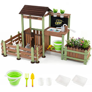 Fir Wood Mud Farm Playset with Planter Box Lockable Yard and Faucet for 3+ Kids