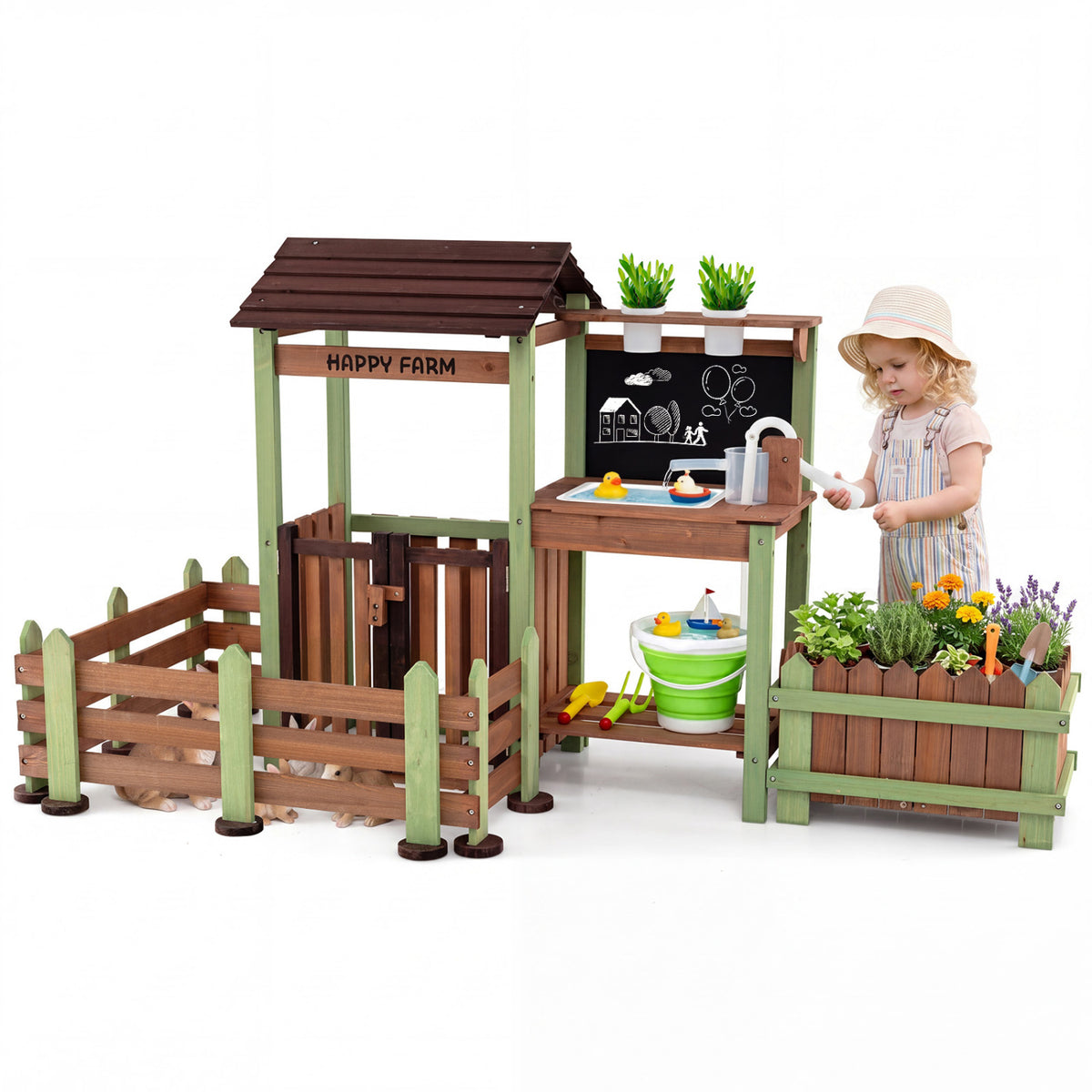 Fir Wood Mud Farm Playset with Planter Box Lockable Yard and Faucet for 3+ Kids