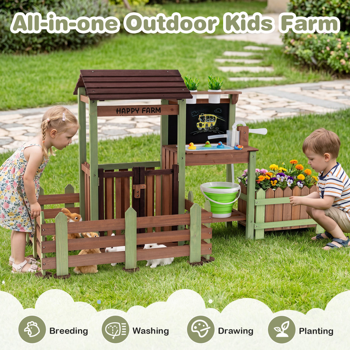 Fir Wood Mud Farm Playset with Planter Box Lockable Yard and Faucet for 3+ Kids