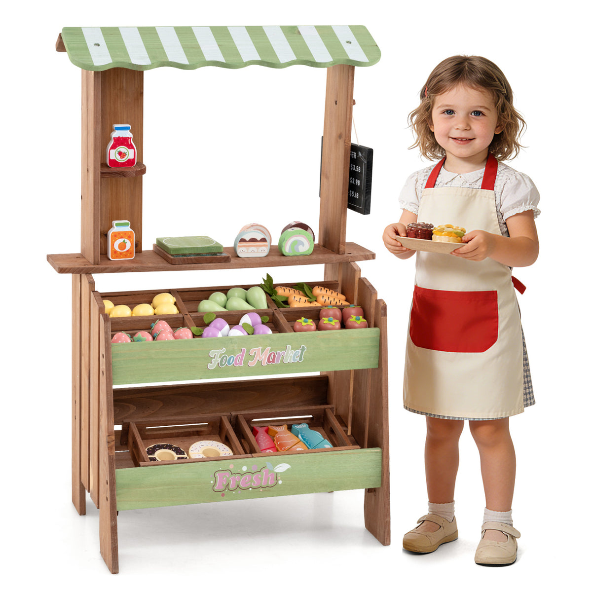 Wooden Grocery Store with Chalkboard and Accessories Montessori Toy for 3+ Kids