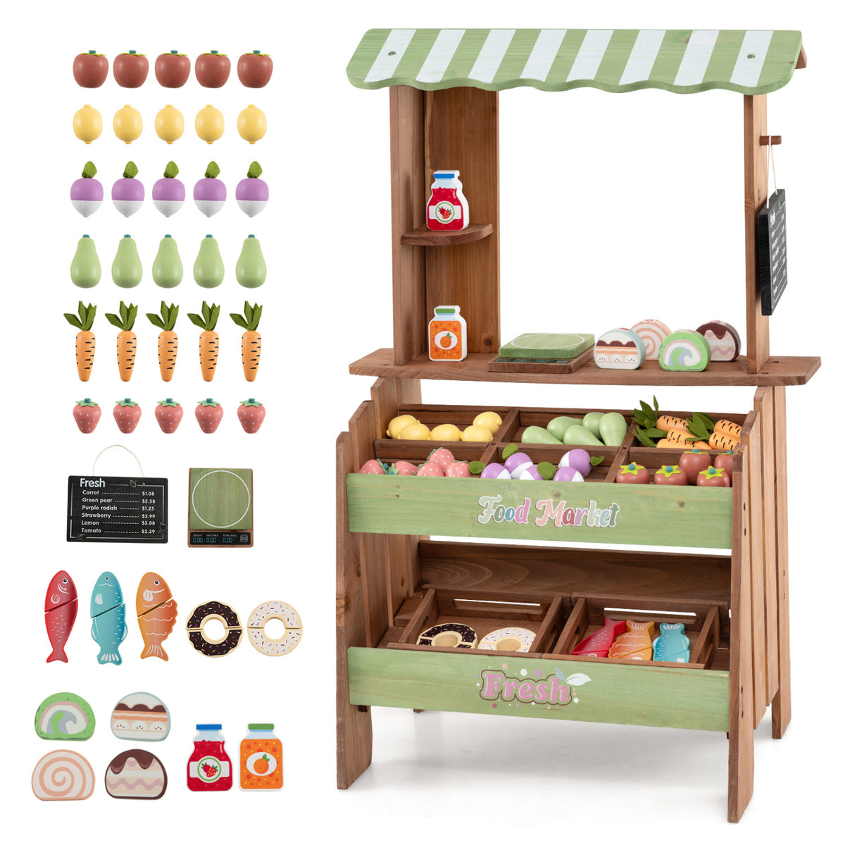 Wooden Grocery Store with Chalkboard and Accessories Montessori Toy for 3+ Kids