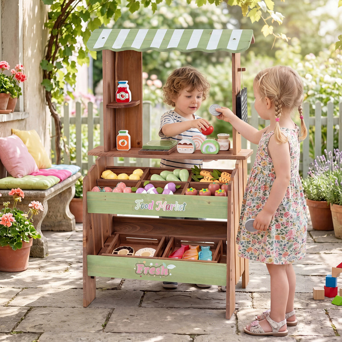 Wooden Grocery Store with Chalkboard and Accessories Montessori Toy for 3+ Kids