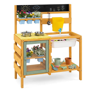 Wooden Mud Kitchen for Toddlers with Faucet and Water Tank-Yellow