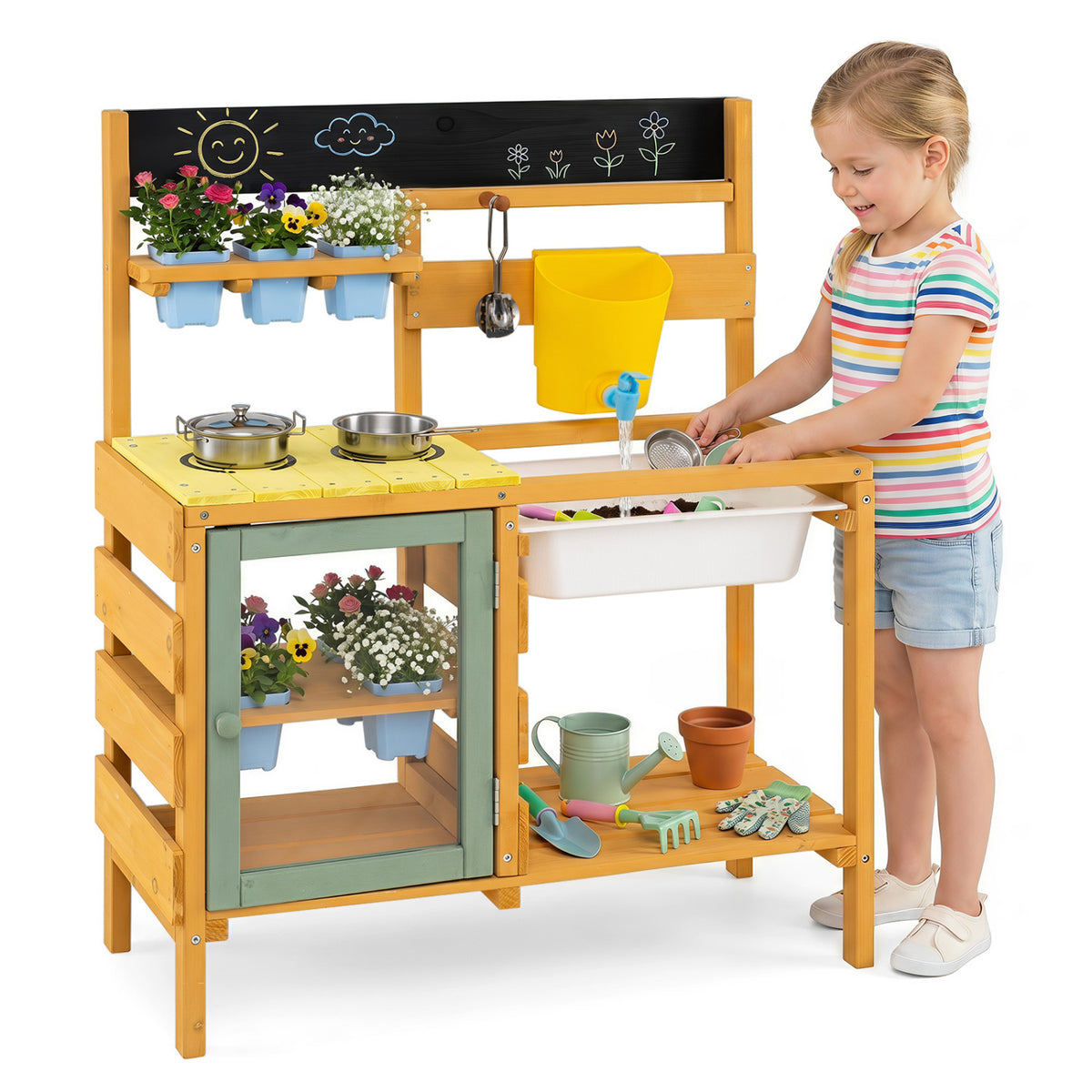 Wooden Mud Kitchen for Toddlers with Faucet and Water Tank-Yellow