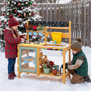 Wooden Mud Kitchen for Toddlers with Faucet and Water Tank-Yellow