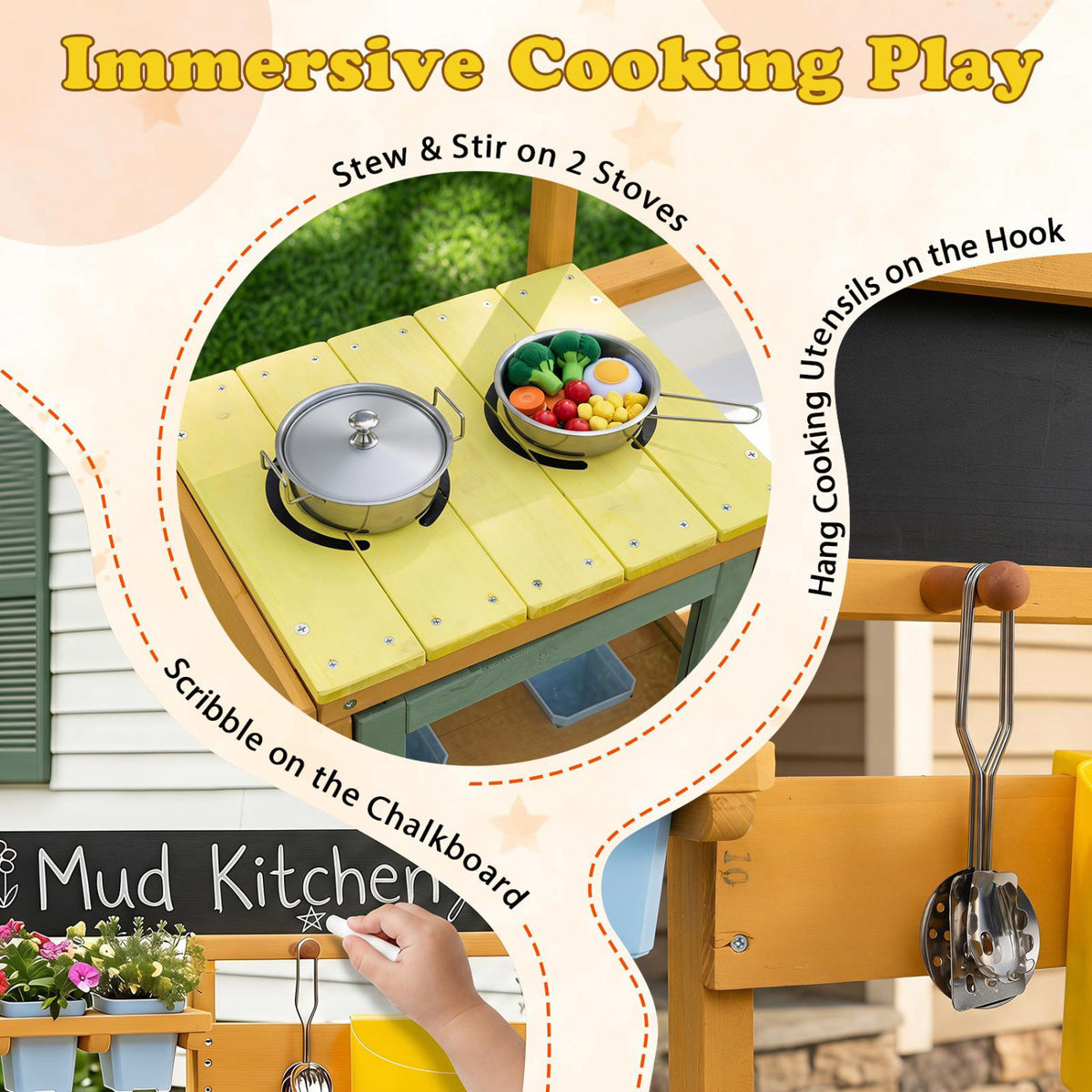 Wooden Mud Kitchen for Toddlers with Faucet and Water Tank-Yellow