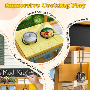 Wooden Mud Kitchen for Toddlers with Faucet and Water Tank-Yellow