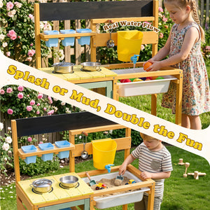 Wooden Mud Kitchen for Toddlers with Faucet and Water Tank-Yellow