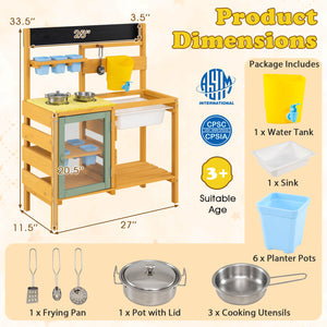 Wooden Mud Kitchen for Toddlers with Faucet and Water Tank-Yellow